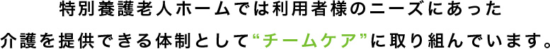 特別養護老人ホームでは利用者様のニーズにあった介護を提供できる体制として“チームケア”に取り組んでいます。